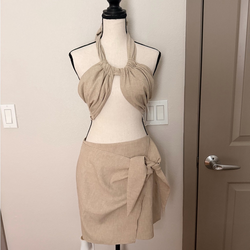 Chic Tan Mini Skirt and Top set with Bow Accent